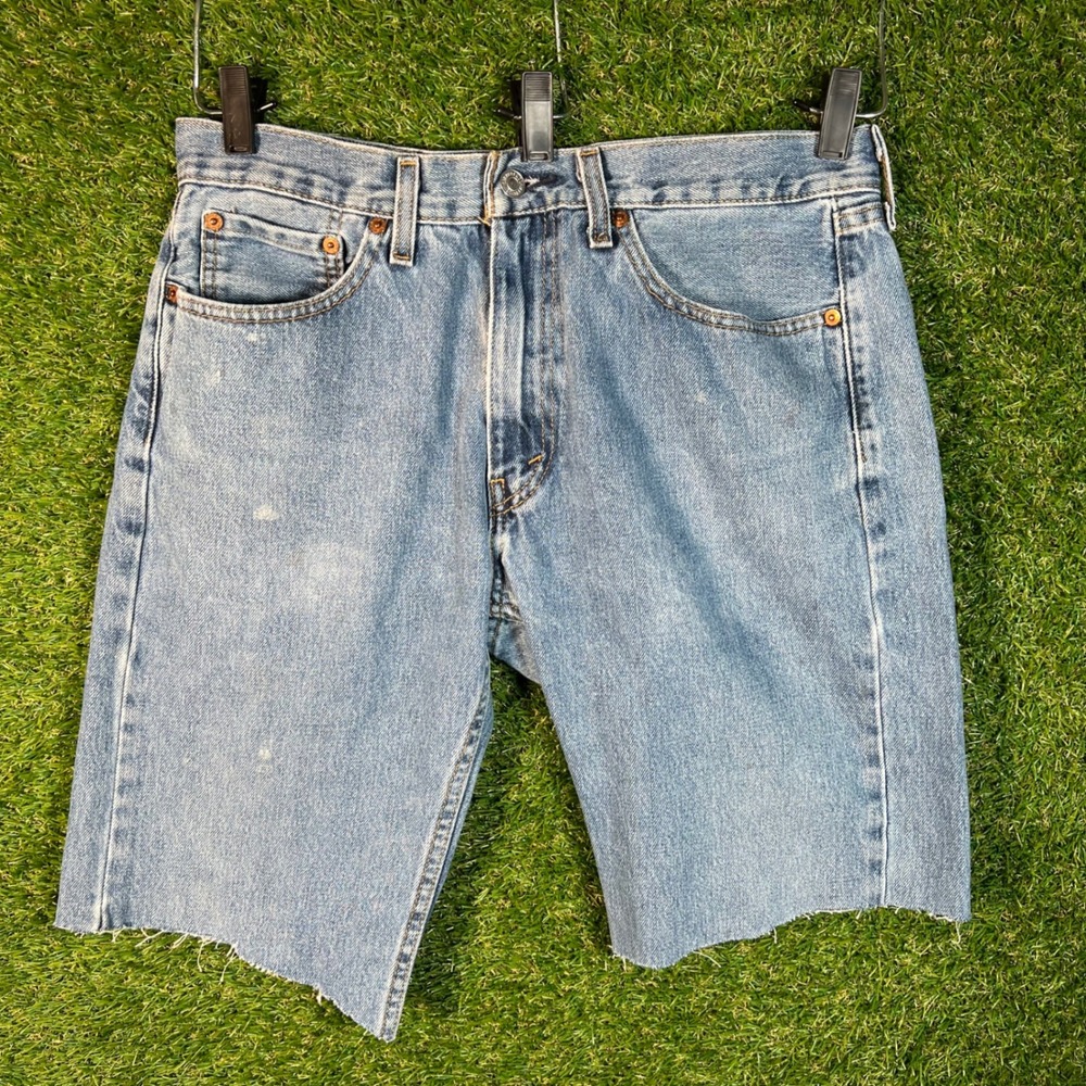 Levis 505 Mens Light Wash Blue Denim Cut‎ Off Shorts W33 Raw Hem Regular Fit